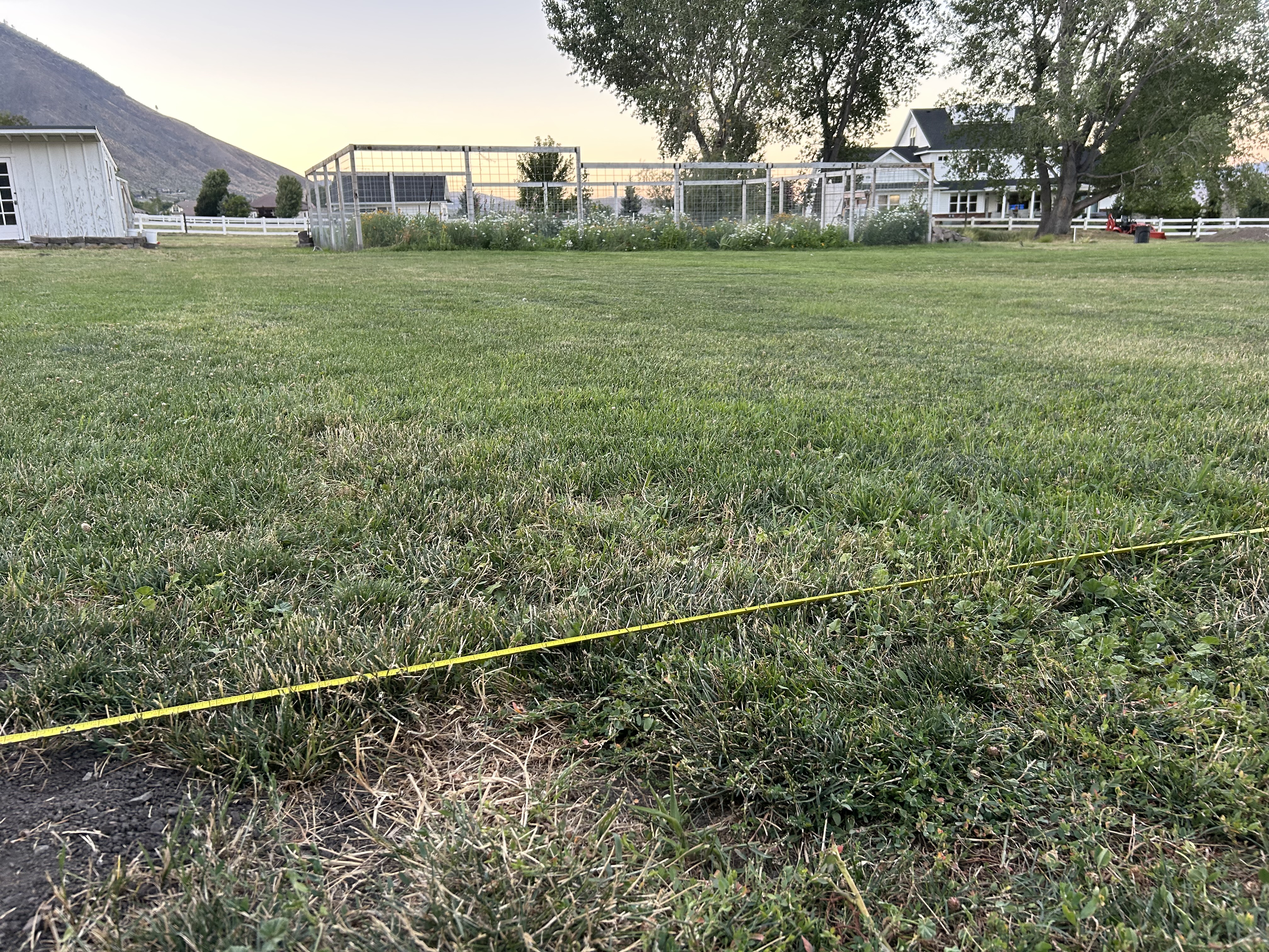 An open garden field with a greenhouse frame, flower beds, trees, and mountains in the distance.