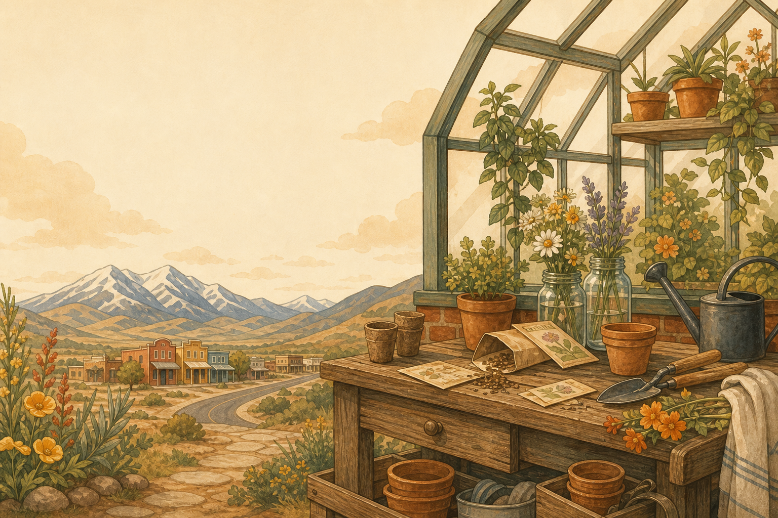 An illustrated greenhouse potting bench with flower jars, seed envelopes, clay pots, and Sierra mountains beyond.