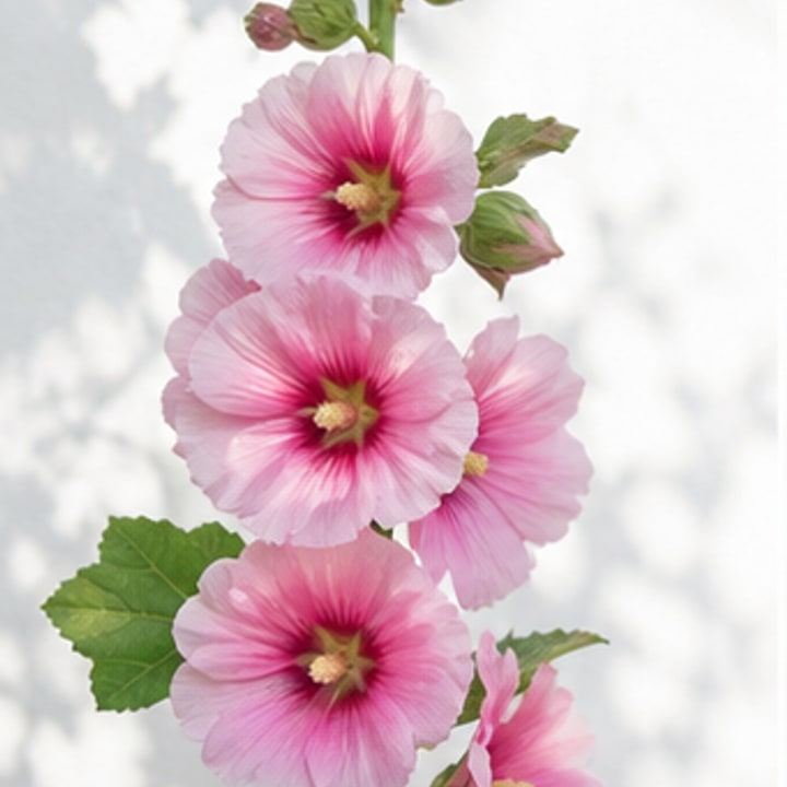 Pink hollyhocks in bloom